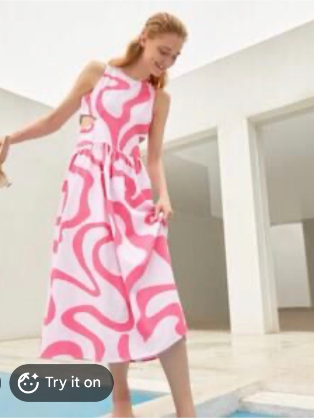 Urban Revivo Side Cutout Pink on Pink Graphic Swirl Retro Midi Dress, Size 4